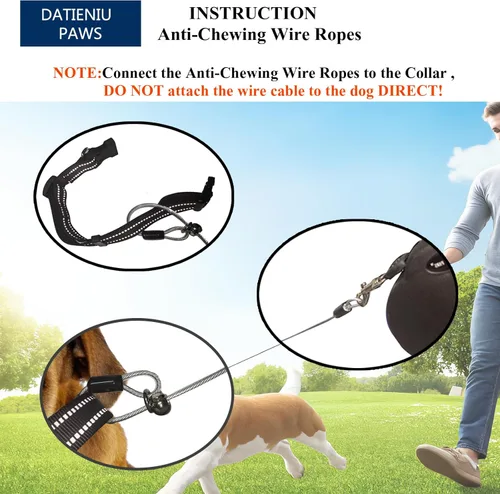 Miniatura 3 de Correa retráctil para perro de 16 pies a prueba de mordidas, cuerda de alambre antimasticación, manos libres, bloqueo de seguridad ajustable, Negro