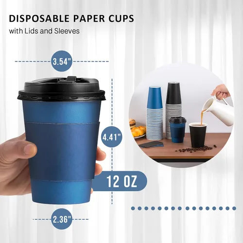 Miniatura 5 de SIUQ Paquete de 100 tazas de café de 12 onzas con tapas, tazas de café de papel desechables con fundas para bebidas calientes/frías, fiestas