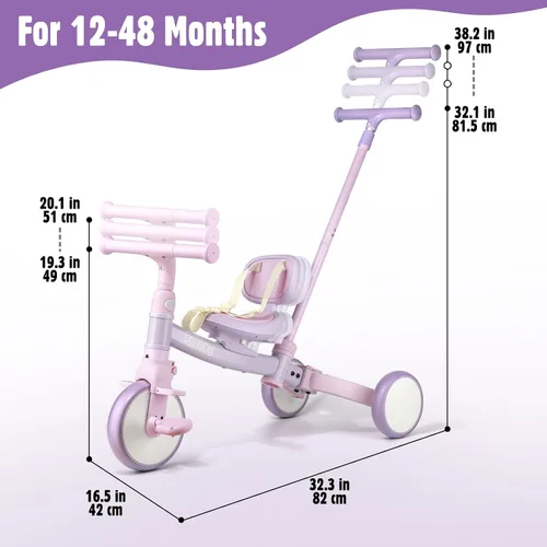 Miniatura 7 de Phobby Triciclo 5 en 1 para niños pequeños con mango de dirección para niños de 1, 2, 3, 4 años, triciclo para niños con pedales extraíbles, juguete