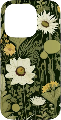 Miniatura 16 de iPhone 13 Wildflower, patrón de flores botánicas verdes, funda de flores silvestres boho