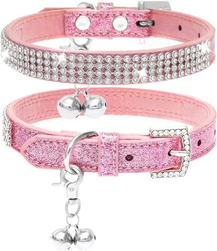 PUPTECK Collar básico ajustable para gato con diamantes brillantes y campanas dobles, para gatitos y cachorros pequeños, collares de diamantes de