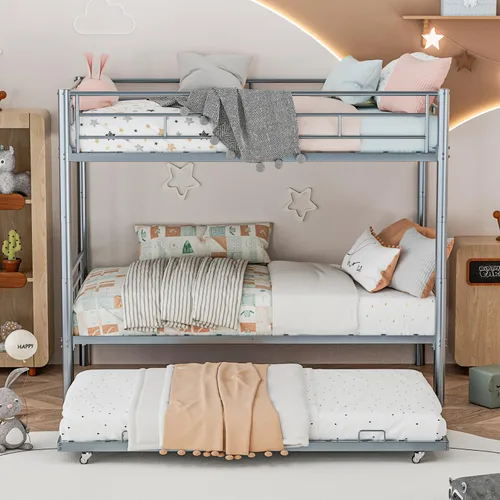 Litera individual sobre individual con nido, literas de metal resistente para niños, litera triple convertible 3 en 1 que se puede separar,