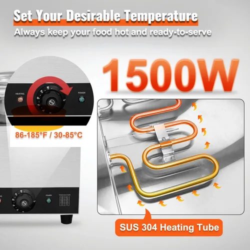 Miniatura 3 de VEVOR Calentador de Sopa Eléctrico, Cuatro Ollas Redondas de Acero Inoxidable de 7.4QT con Temperatura Ajustable de 86~185°F, Bain Marie Comercial