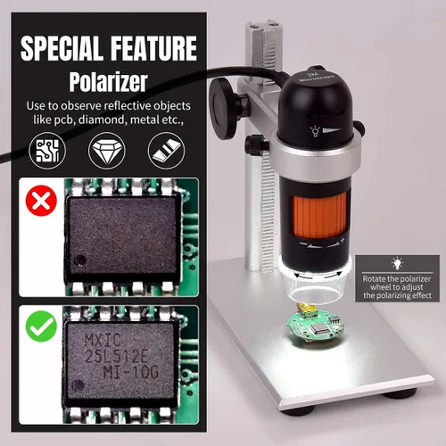 Miniatura 4 de Microscopio digital USB con polarizador, microscopio digital de moneda de mano de 5 MP con soporte de metal compatible con Windows y MacBook