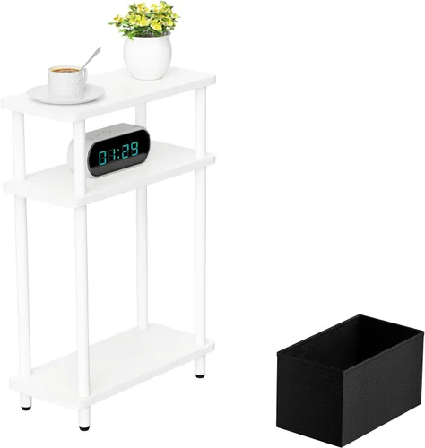 Miniatura 11 de THUMEYE Mesa auxiliar estrecha con cesta de tela, 7 pulgadas de ancho, mesa auxiliar delgada de 3 niveles con patas de madera, mesita de noche