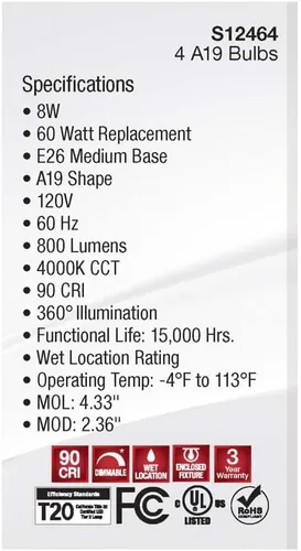 Miniatura 6 de Satco 12464-8A19/CL/LED/E26/940/4PK/120V (S12464) A19 A Line Pear Bombilla LED