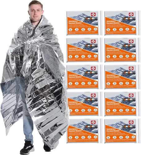 ANLOKE Mantas de emergencia Mylar manta térmica (paquete de 10) de manta espacial gigantesca de 84 x 64 pulgadas, mantas de supervivencia, equipo de