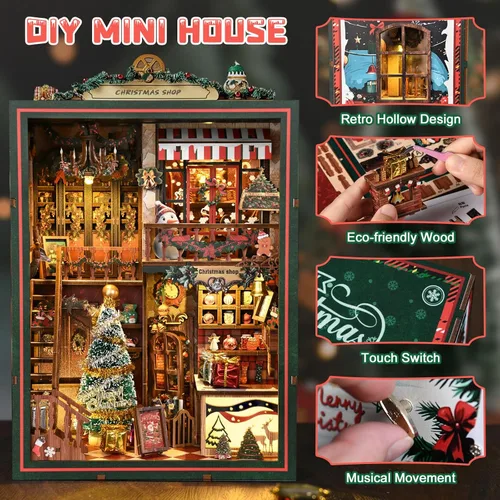 Miniatura 4 de Kit de Rincón de Lectura de Tienda de Navidad, Kit de Casa en Miniatura DIY con Luces LED y Música Rotativa - Rompecabezas 3D de Madera