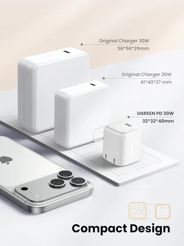 Miniatura 3 de UGREEN Cargador USB C de 30 W, Nexode plegable GaN PPS compacto y rápido cargador de pared, adaptador de corriente USB-C para iPhone 17/16/15/14