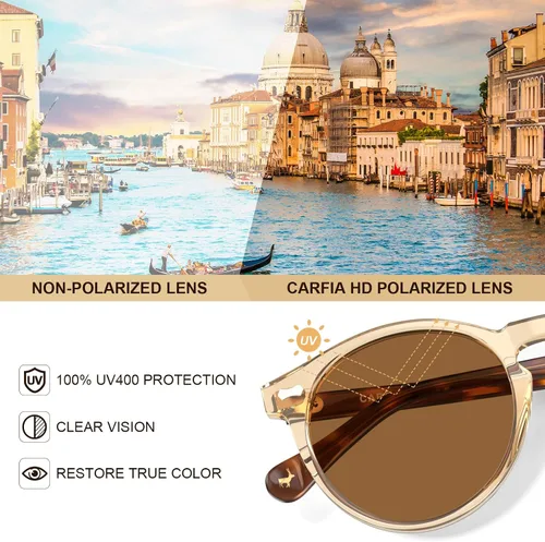 Miniatura 4 de CARFIA Gafas de sol polarizadas de acetato redondo para mujer, protección UV de cara pequeña con funda de cuero CA5288