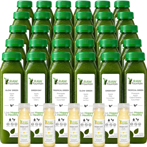 Raw Fountain Limpieza de jugo verde de 5 días, crudo, desintoxicación vegana, jugos prensados en frío, 30 botellas de 12 onzas, 5 chupitos de