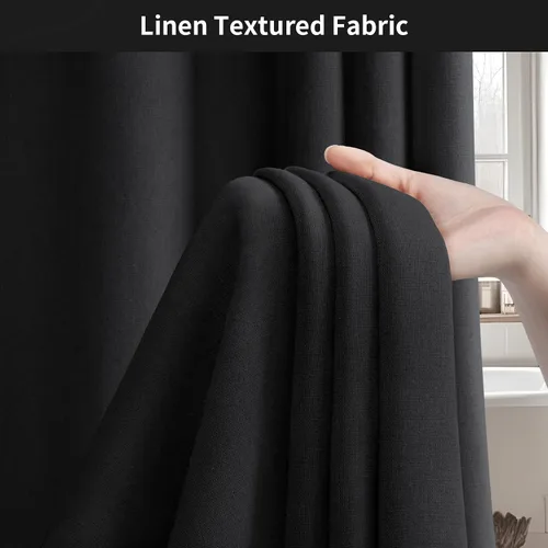 Miniatura 4 de Cortina de ducha de lino negro, cortinas de ducha de tela bohemia para baño, juego de forro de tela natural de algodón, 72 pulgadas de ancho x 72