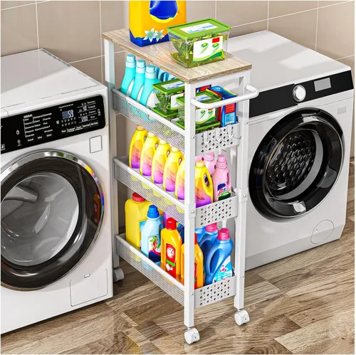 Miniatura 10 de Vivihomety Carrito de Almacenamiento Delgado Utilitario con Ruedas, Carrito Rodante Pequeño de 4 Niveles con Parte Superior de Madera, Carro