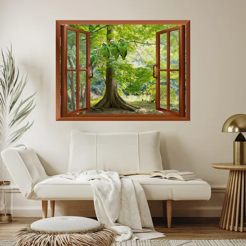 Miniatura 4 de wall26 Adhesivo decorativo para pared, loros verdes sentados en la rama afuera, ventana abierta, no se pega ni se pega, papel tapiz no tejido