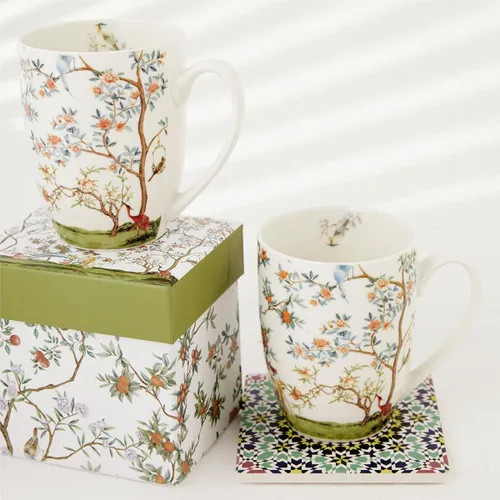 Miniatura 2 de ALYC Juego de Tazas de Café de Porcelana Fina – Diseño de Taza de Té con Pájaro y Flores de Rama – Paquete de 2 Tazas de Té de Porcelana con Caja