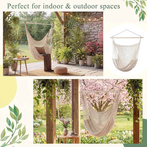 Miniatura 6 de Barydat 2 sillas colgantes tipo hamaca estilo bohemio, para exteriores e interiores, cómoda cuerda de algodón suave, con barras de metal Beige