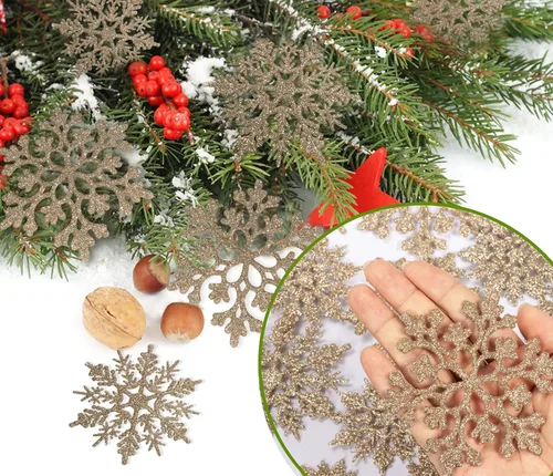 Miniatura 4 de Decoraciones para árbol de Navidad, adornos de copo de nieve, 36 piezas de copos de nieve colgantes de plástico con purpurina azul y plateado