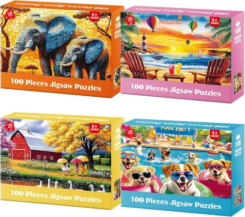 Rompecabezas para niños de 6 a 8 y 8 a 10 años - Elefantes, granja, playa, perros, rompecabezas de 100 piezas para adultos mayores, rompecabezas de