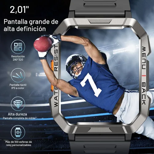 Miniatura 6 de Reloj inteligente militar para hombre (respuesta/hacer llamadas), reloj inteligente deportivo al aire libre con linterna/batería de 100