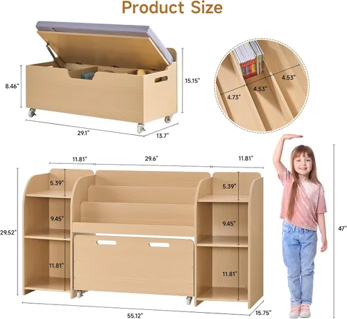 Miniatura 2 de ONBRILL Estantería para niños con rincón de lectura, organizador de almacenamiento de juguetes de 55.2 pulgadas, 6 cubos de almacenamiento