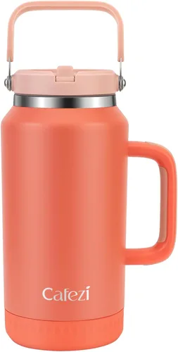 Miniatura 42 de Vaso de 30 onzas con tapa y pajita, vasos de acero inoxidable con aislamiento al vacío con pajita plegable y asa superior, botella de agua aislada