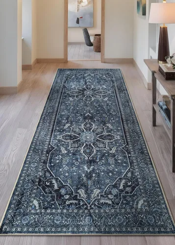 Miniatura 2 de Bloom Rugs Caria Alfombra Lavable Antideslizante de 7 pies - Azul/Carbón Alfombra Tradicional para Entrada, Pasillo, Baño y Cocina - Tamaño Exacto