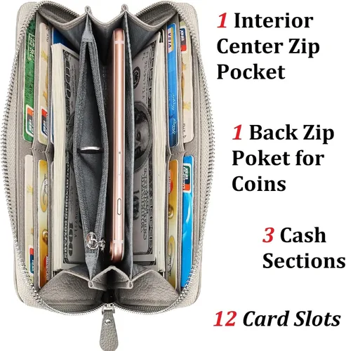 Miniatura 3 de YALUXE Carteras de cuero real con cremallera alrededor para mujer, bolso de mano, teléfono celular, tarjetero, protección de bloqueo RFID, Gris
