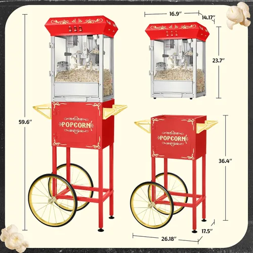 Miniatura 6 de Great Northern Popcorn - Máquina para hacer palomitas de maíz con carro, hervidor de acero inoxidable de 8 onzas que hace hasta 48 tazas, estilo Rojo