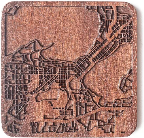 Miniatura 140 de Posavasos Amsterdam Map by O3 Design Studio, 1 pieza, posavasos de madera Sapele con mapa de la ciudad, hecho a mano, varias ciudades opcionales