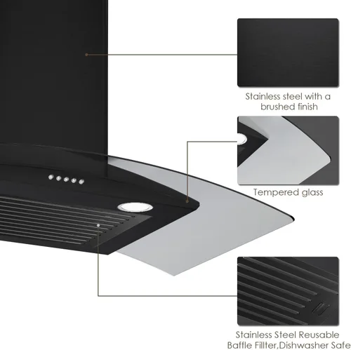 Miniatura 2 de Campanas extractoras de vidrio curvadas montadas en la pared de 30 pulgadas con 450 CFM, cocina de acero inoxidable convertible sin conductos con 3