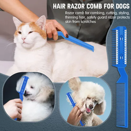 Miniatura 5 de Yinkin 5 piezas de peine de afeitar para perros, recortadora de pelo para mascotas, peine de afeitar con 25 cuchillas adicionales, recortadora Azul