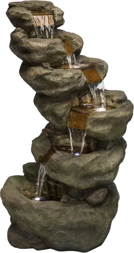 Miniatura 14 de Alpine Corporation fuente de piso de roca de 4 niveles para exterior de 31" de altura, cascada con luces LED blancas frías, gris
