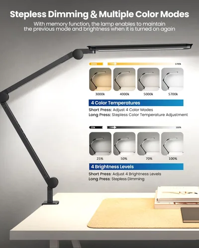 Miniatura 2 de Lámpara de escritorio LED con abrazadera, luz de escritorio de arquitecto de doble luz ultra brillante con brazo oscilante ajustable, 4 modos