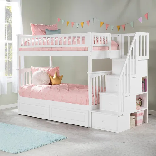 Miniatura 3 de Cama Atlantic Furniture tipo litera con escalera Columbia y cajones de cama en panel elevado, Madera, Blanco
