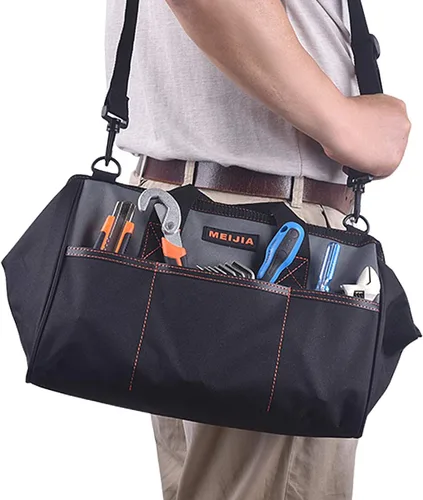 Miniatura 4 de MEIJIA Bolsa de herramientas portátil impermeable, boca ancha abierta, múltiples bolsillos interiores para almacenamiento de herramientas con correa