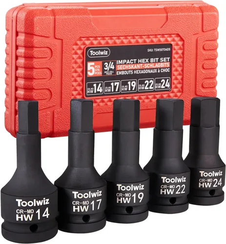 Toolwiz Juego de brocas hexagonales de impacto de 3/4 de pulgada, 5 piezas métricas 0.551 in-0.945 in, acero Cr-Mo, construcción de una pieza, juego
