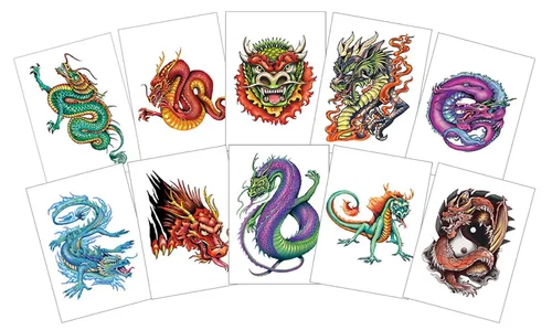 Dragon Ink Tatuajes temporales, 10 tatuajes de dragón fantástico, hojas de 3.5 x 2.5 pulgadas