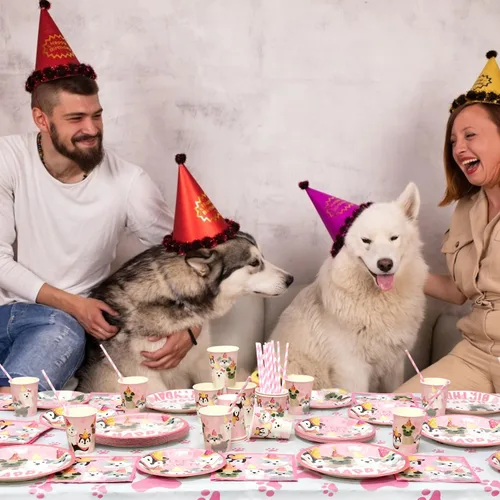 Miniatura 6 de Decoraciones de fiesta de perro, suministros de vajilla de fiesta de cumpleaños con diseño de pata de cachorro rosa, incluye platos llanos de 9