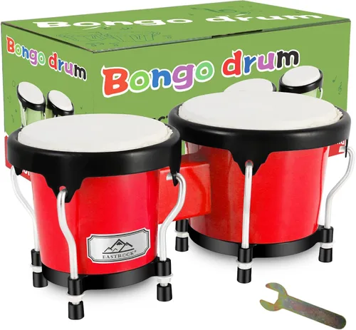 EastRock Bongo - Juego de tambor de 4 y 5 pulgadas para adultos, principiantes, bongos de percusión con llave de afinación (rojo)