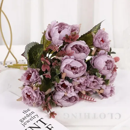 Miniatura 9 de Ramo de boda artificial de peonía de 9 cabezas para el hogar, flores artificiales para decoración del hogar (rosa champán)