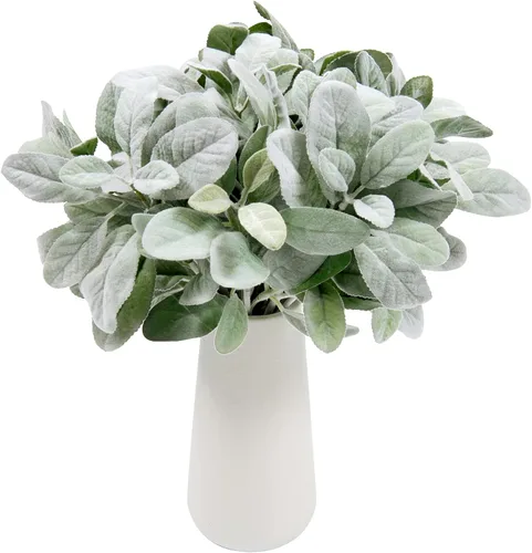SHACOS Tallo de oreja de cordero artificial flocado, 12 piezas de rama de oreja de cordero, selección de follaje, hojas verdes, flores en aerosol