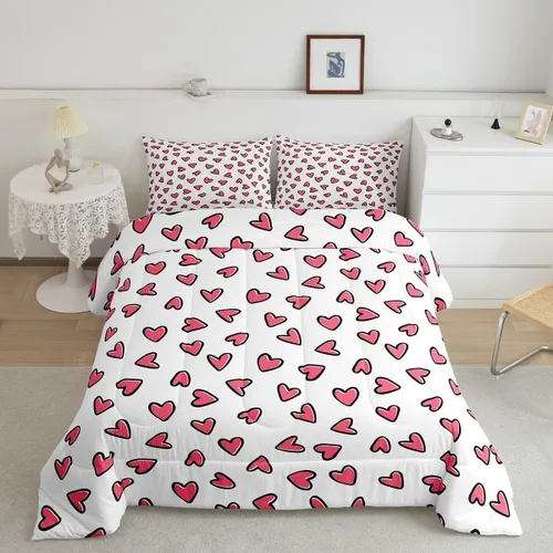 Miniatura 9 de Juego de edredón para el día de San Valentín, tamaño individual, ropa de cama romántica de gnomo para niños y niñas, pareja, con corazón rojo
