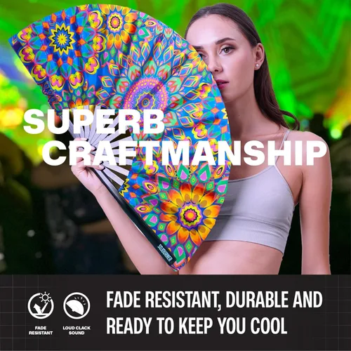 Miniatura 70 de SoJourner Bags Rave Fan – Ventilador plegable grande – Ventilador de mano Clack para raves, Halloween, Burlesque, trajes de arcoíris para mujeres