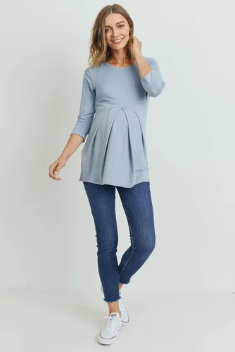 Miniatura 31 de LaClef - Blusa de maternidad para mujer, cuello redondo, manga 3/4, plisada al frente, estilo peplum