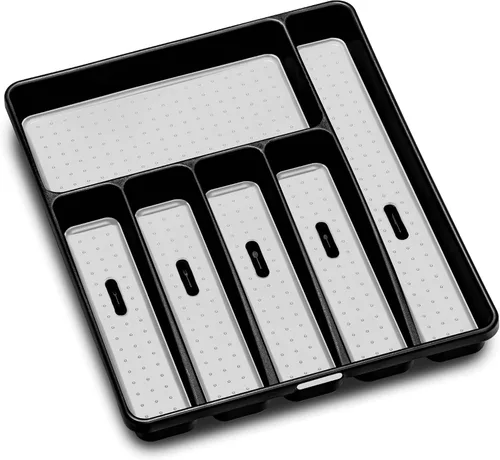 madesmart Bandeja grande de cubiertos, organizador de cubiertos de 6 compartimentos para tenedores, cuchillos y cucharas, antideslizante, forro de