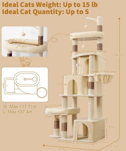 Miniatura 2 de PMT04BW - Árbol resistente para gatos de interior, torre para gatos de 74 pulgadas con poste rascador, cesta colgante, condominio para gatos
