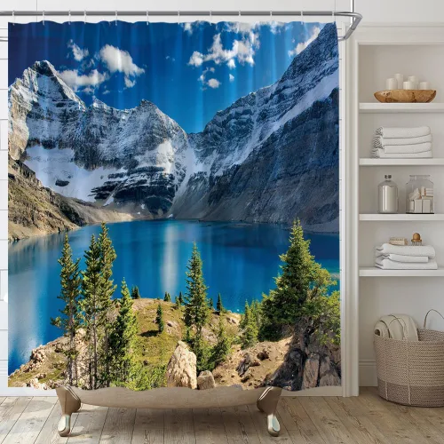 Miniatura 4 de Cortina de ducha escénica de montaña, naturaleza, montaña, lago, cielo azul, nube, paisaje, simple, tela para el hogar, juego de decoración de baño