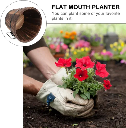 Miniatura 5 de Maceta de barril de madera, maceta rústica para uso en interiores y exteriores con agujeros de drenaje, maceta marrón de 7 pulgadas para plantas
