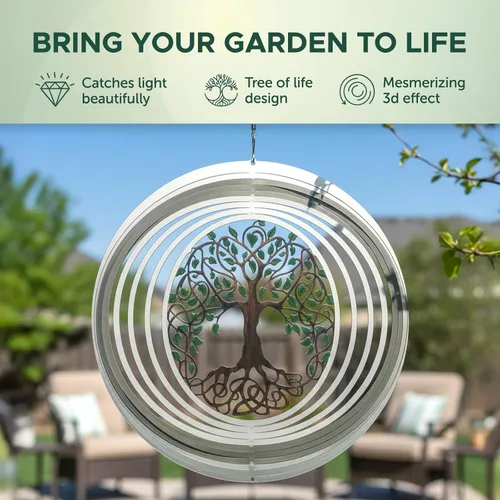 Miniatura 4 de ISEO Molinillo de viento XL Árbol de la Vida para patio y jardín, decoración colgante al aire libre, arte de patio, decoración de porche y patio