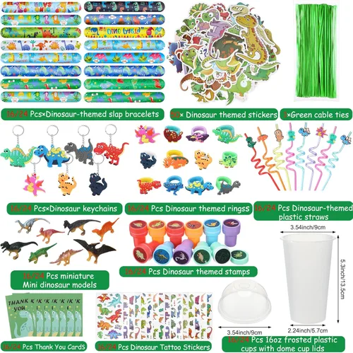 Miniatura 2 de Qilery 195 piezas de 16 invitados de dinosaurio para fiestas de cumpleaños para niños, incluye taza de plástico con tapa, pajita, llavero, pulsera